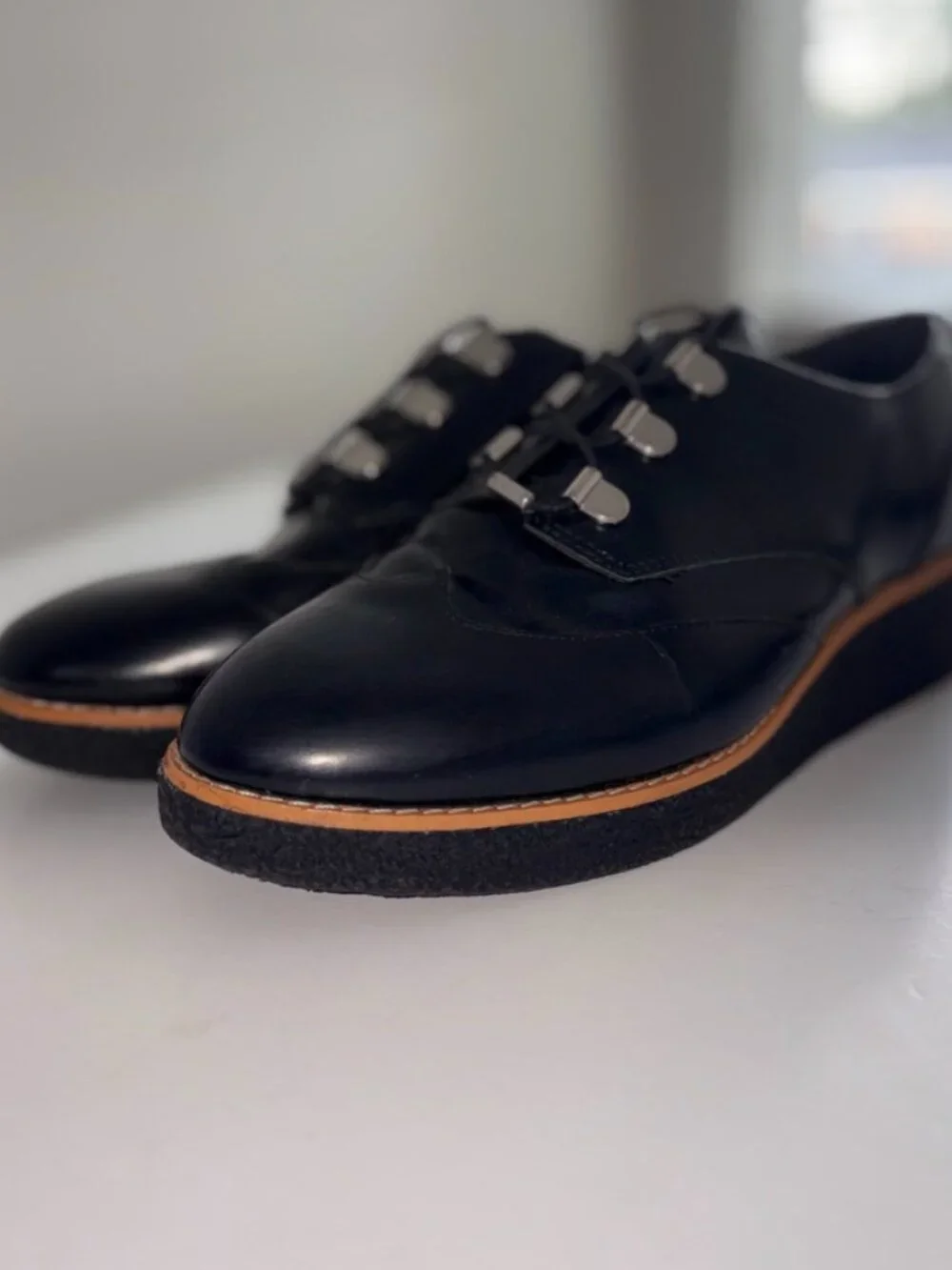 Women's Rebecca Minkoff Polly Platform Oxfords Black Leather Silver Clasps 9
